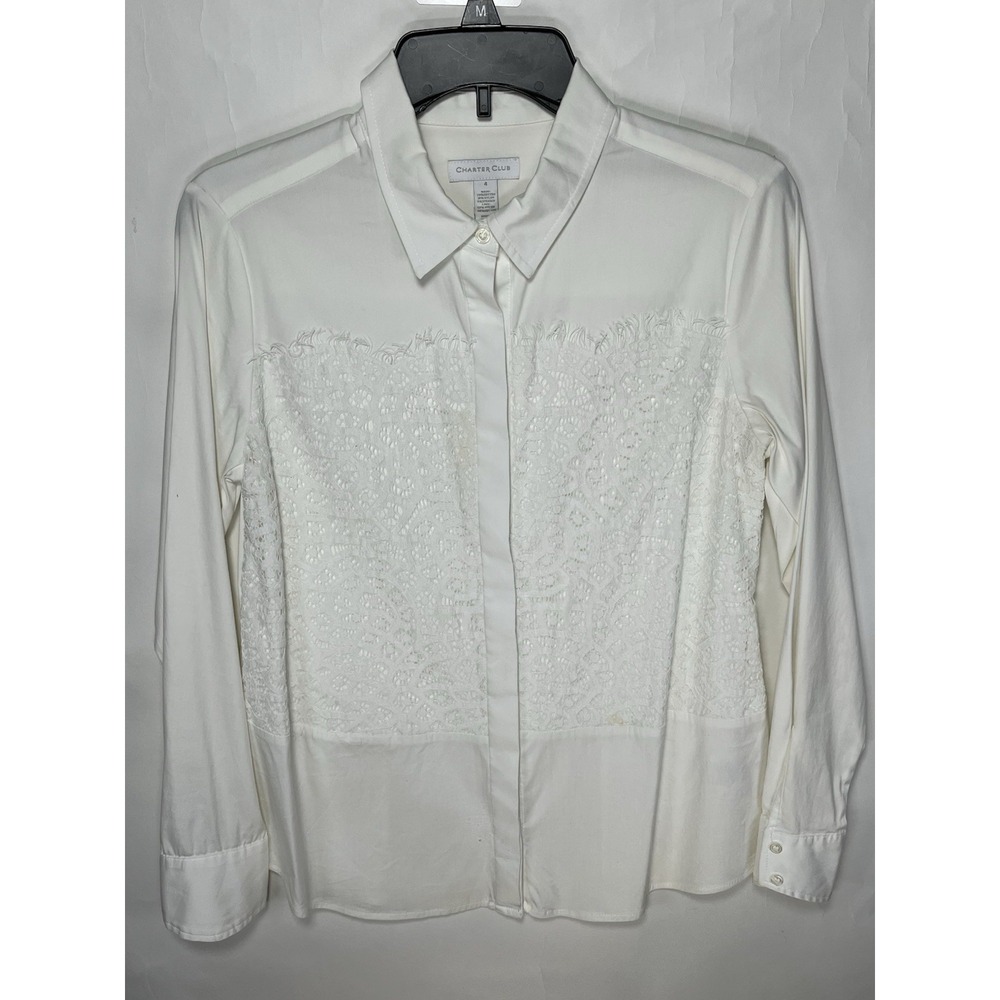 Charter Club Women's Top Sz 4 White‎ Button Down With Lace Accent Long Sleeve